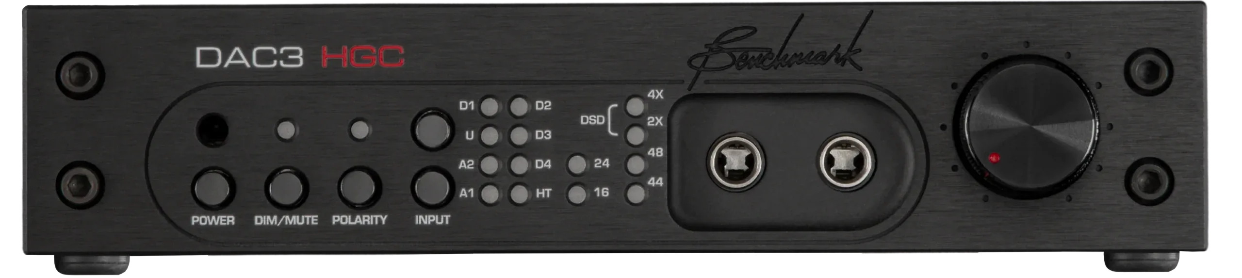Benchmark DAC3 HGC front panel, black finish, showing power/mute/polarity/input knobs, DSD/PCM selector buttons, and XLR outputs