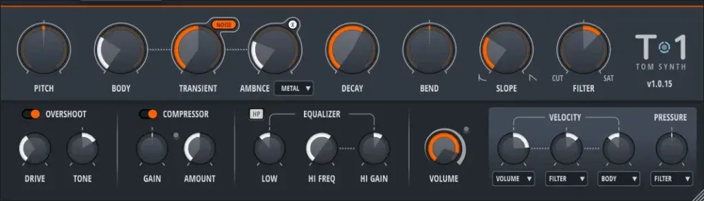 Nektar Aura T-1 tom synth plug-in controls