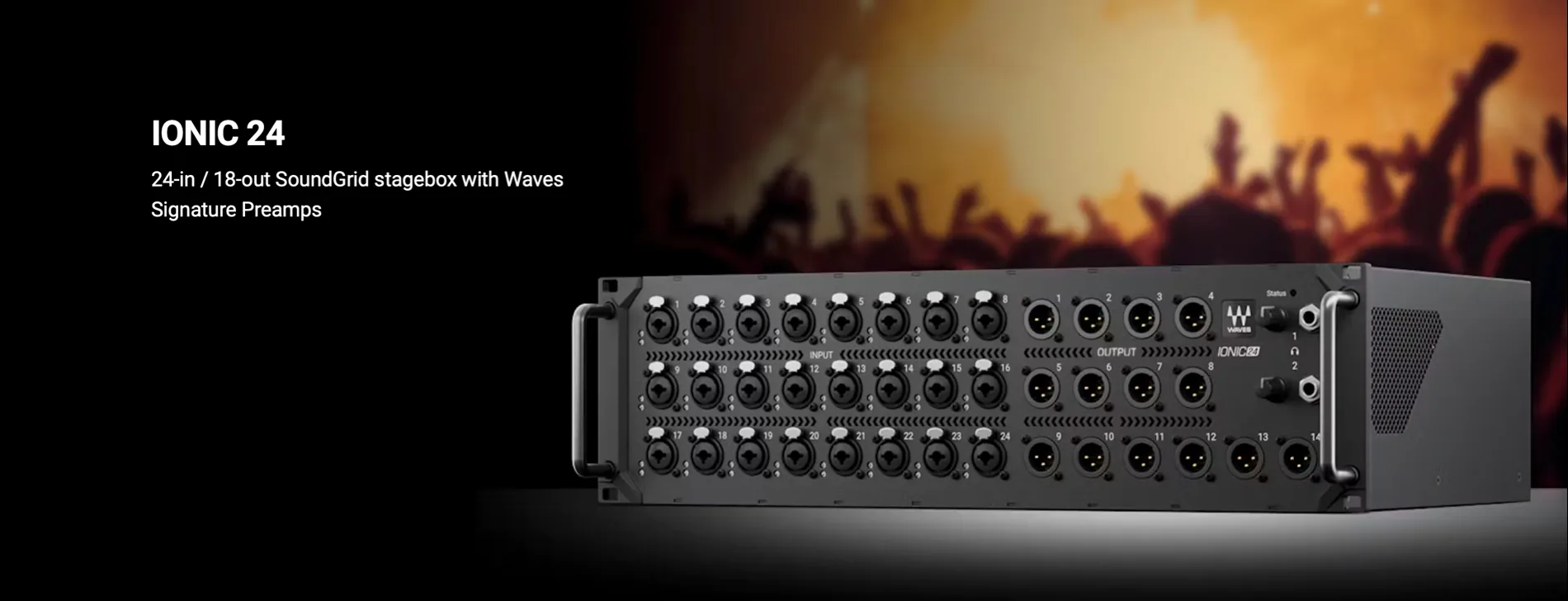 Waves IONIC 24 stagebox, 24-in/18-out SoundGrid interface with XLR connectors visible, dark grey rackmount chassis