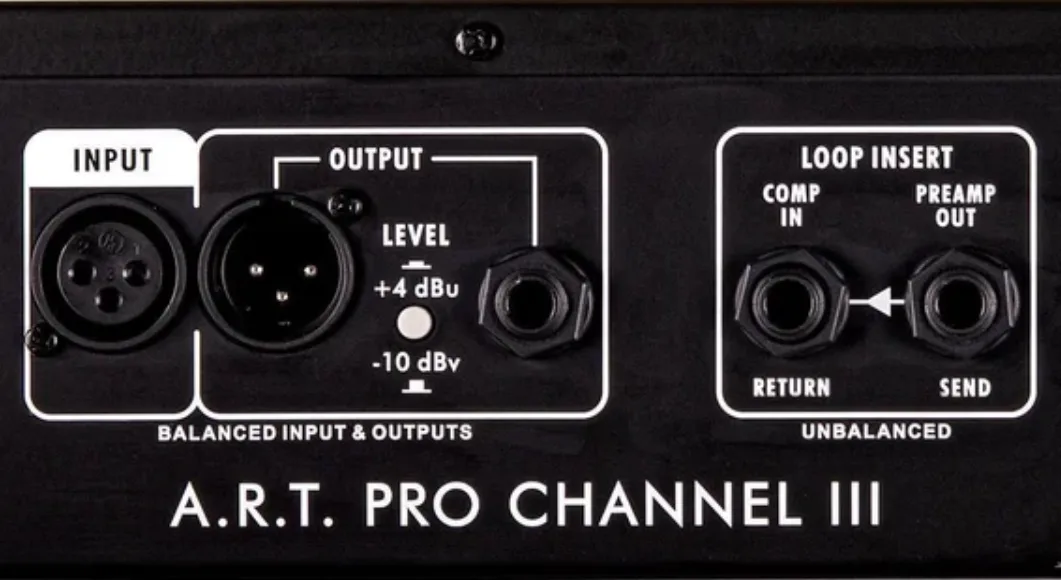 ART Pro Channel III audio interface showing balanced XLR input/output connectors and unbalanced loop insert jacks on black panel