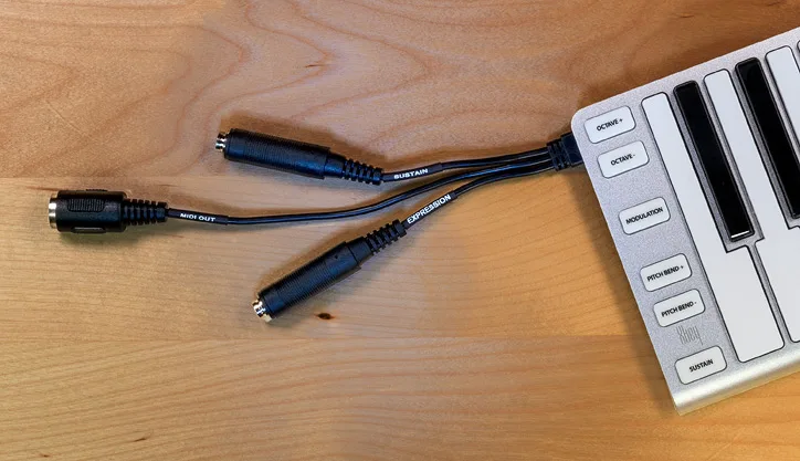 Three black ESI audio cables with labeled connectors arranged on wooden surface next to white keyboard