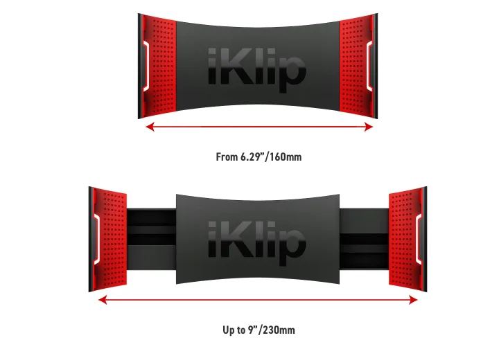 iKlip 3 Video phone mount shown in two positions: compact bow-tie shape and extended with pull-out arms, red grips visible