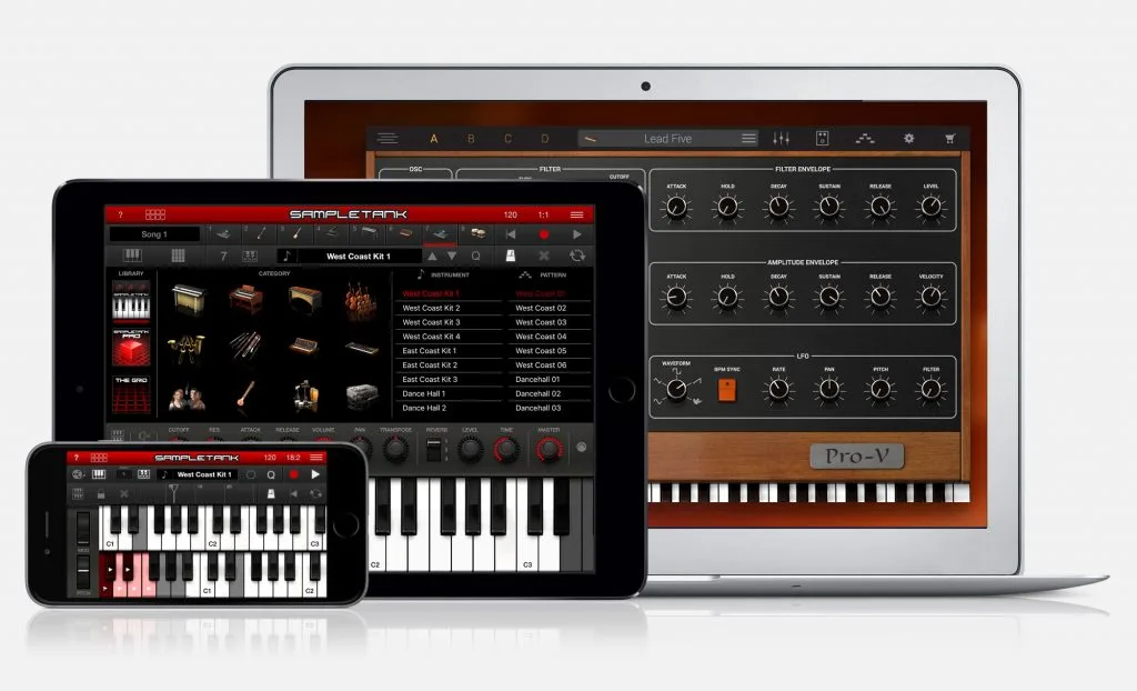 Music software included with iRig Keys I/O, shown on an iPhone, iPad and Mac