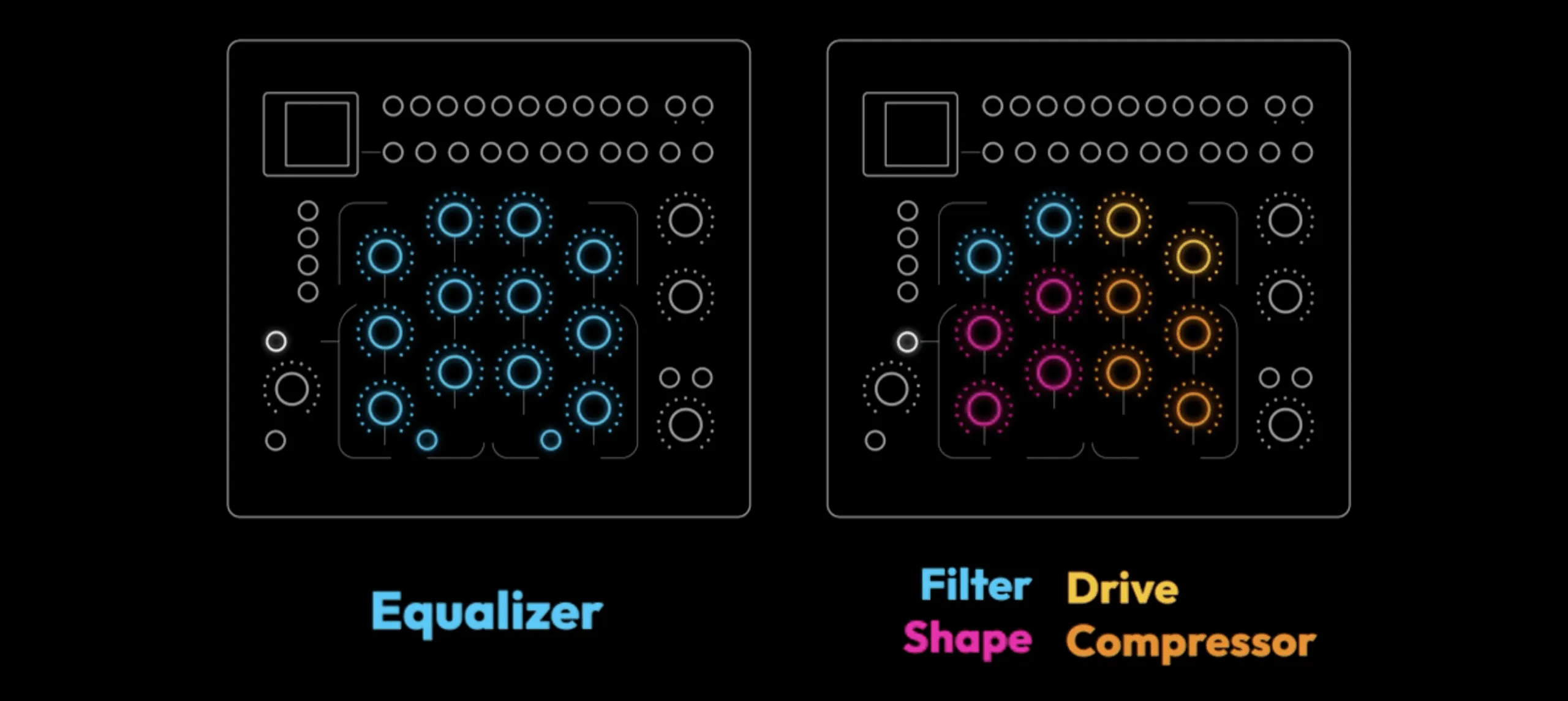 Two side-by-side equalizer and effects control panels with illuminated blue, pink, orange, and yellow knobs on black background