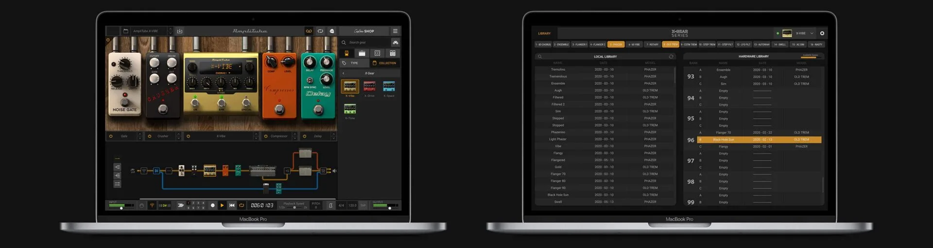 IK Multimedia AmpliTube X-VIBE interface showing vintage guitar effects pedals and amp modeling software with signal chain diagram