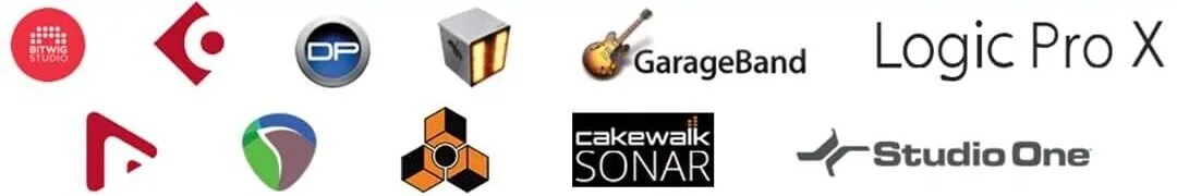 Collection of music production software logos including Logic Pro X, GarageBand, Studio One, and Cakewalk SONAR displayed on white background