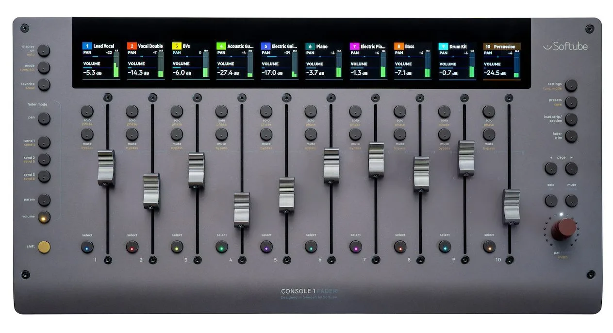 Softube Console 1 Fader MKIII control surface, top-down view showing 10 motorized faders with display screen and colored channel indicators.