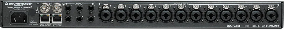 Soundtags DiGiGrid IOX front panel showing 16 XLR outputs and dual network ports, black rackmount unit