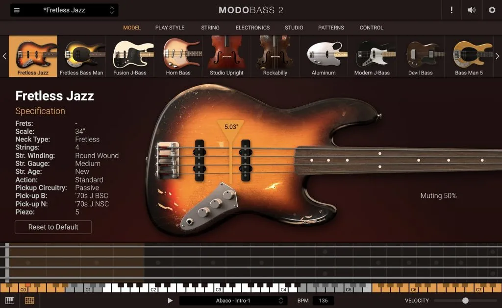IK Multimedia MODO Bass 2 software interface showing sunburst Fretless Jazz bass model with 4 strings and specifications panel