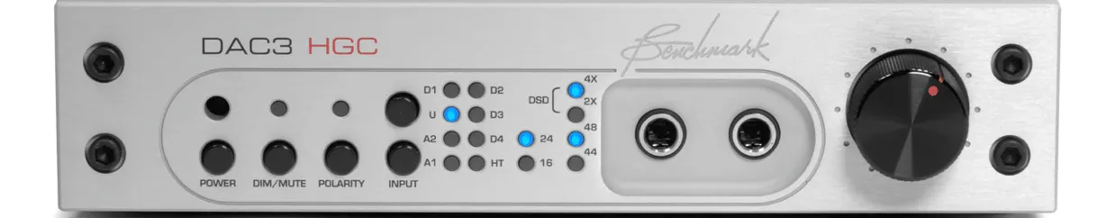 Benchmark DAC3 HGC silver digital audio converter, top-down view showing input controls, DSD selector buttons, and large volume knob