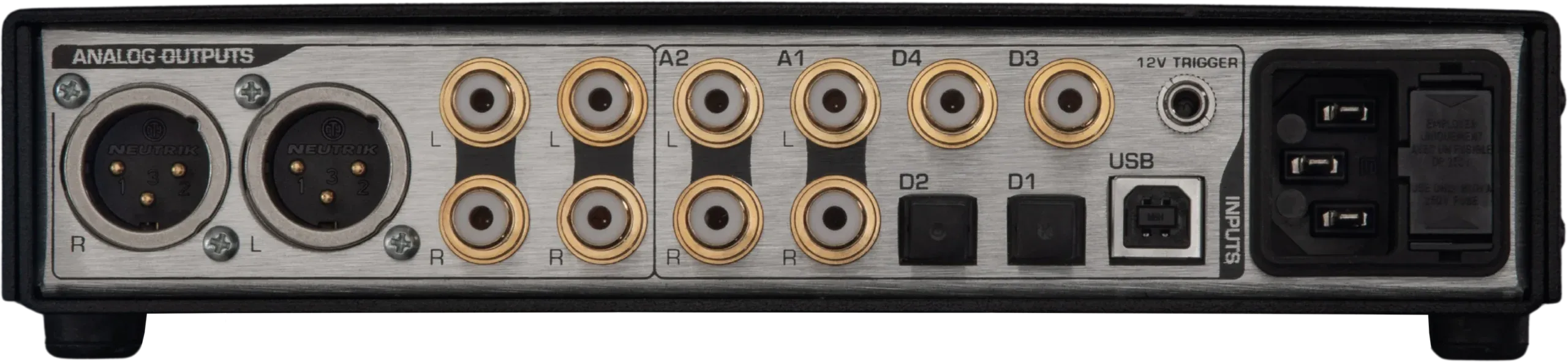 Benchmark DAC3 HGC rear panel showing balanced XLR and RCA analog outputs, digital inputs, USB port and power inlet