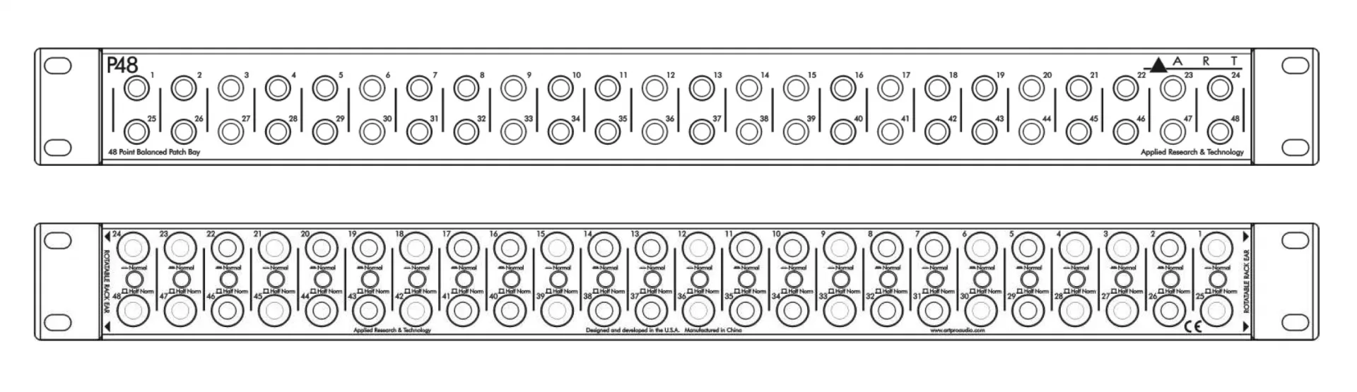 ART P48 48-point balanced patch bay, top and front views showing dual rows of XLR connectors on white background