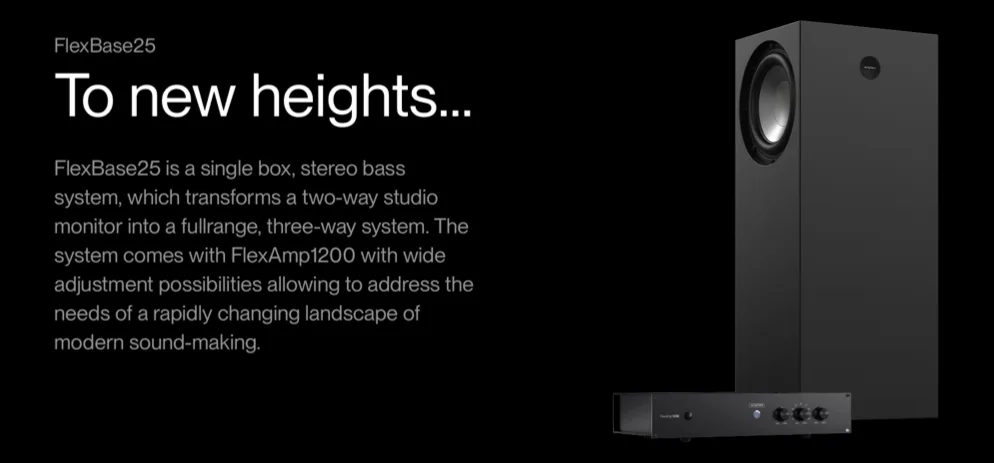Amphion FlexBase25 bass system: tall black cabinet with front-mounted woofer alongside compact amplifier unit