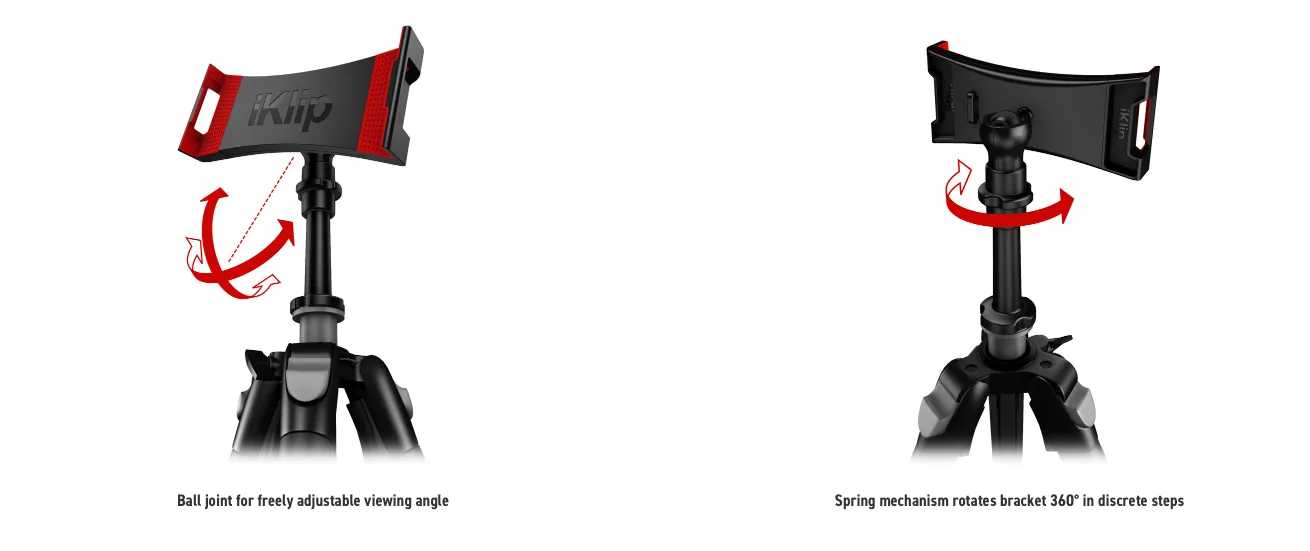 iKlip 3 Video tablet mount in red and black showing ball joint adjustment and 360° rotating spring mechanism on tripod