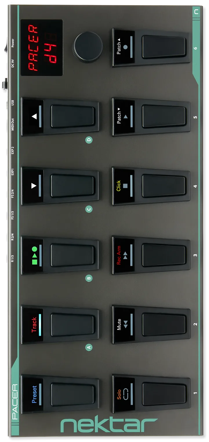 Nektar Pacer MIDI controller angled view showing six labeled channels with faders, buttons, and a rotary encoder at top