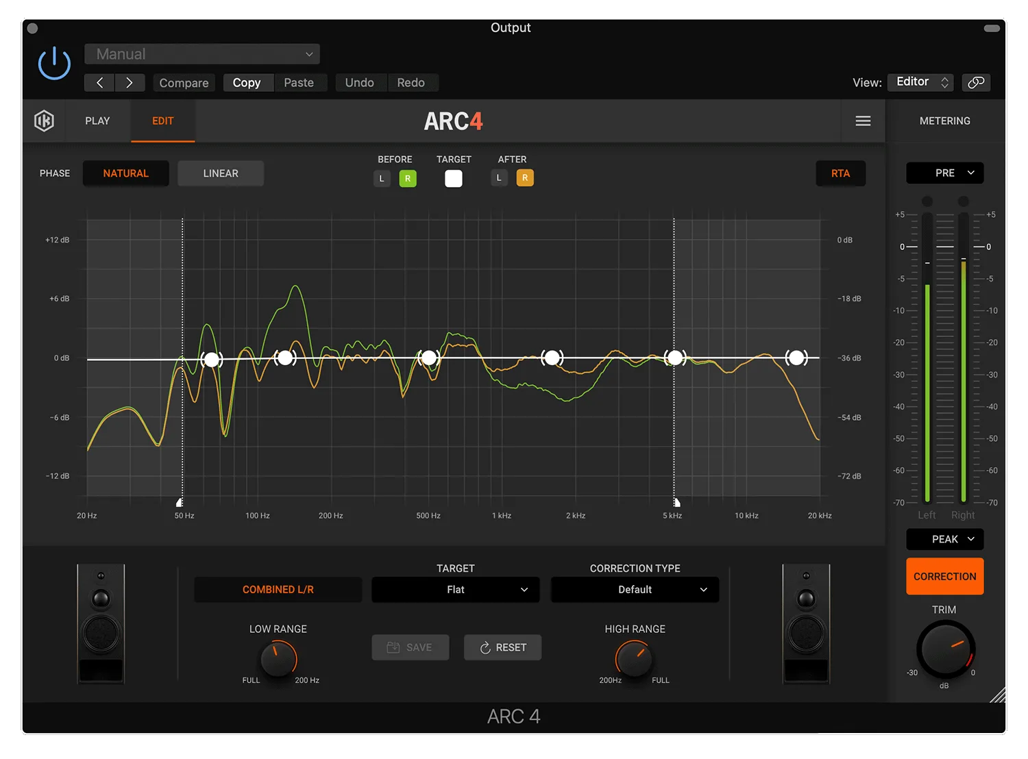 iZotope ARC 4 audio correction plugin interface showing frequency response graph with green and orange waveforms against dark background