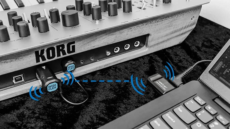 Nektar WIDIFLEX USB wireless adapter shown in studio setup between Korg keyboard and laptop, with signal transmission visualization