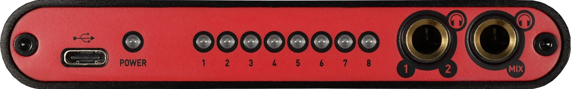 Red ESI GigaPort eX audio interface top-down view showing USB port, power button, 8 channel inputs, and dual gold output jacks