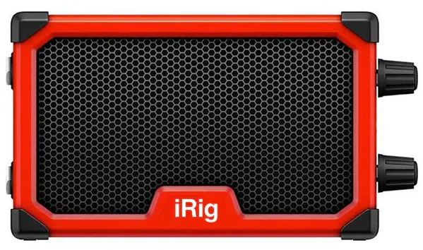 iRig Nano Amp in bright red with black mesh speaker grille, corner reinforcements, and dual control knobs on right side