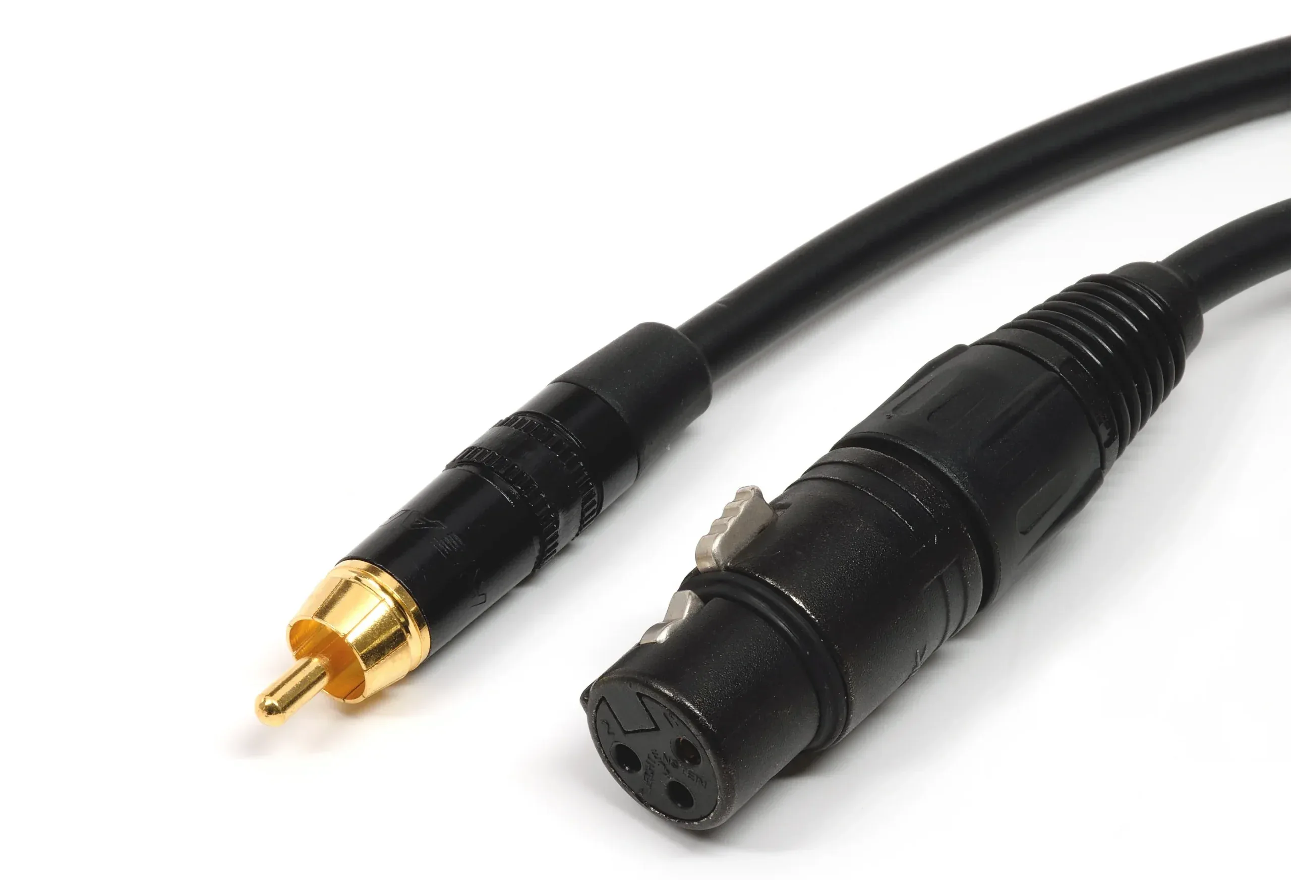 Benchmark XLR to RCA cable with gold-plated RCA connector and 3-pin XLR connector on white background