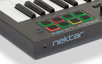 Close-up of the illuminated pads on a Nektar Impact LX+ keyboard controller