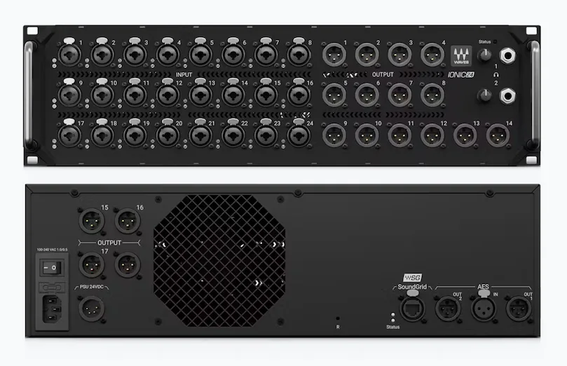 Waves IONIC 24 rack-mount audio interface showing front and rear panels with 24 XLR inputs and multiple output connectors
