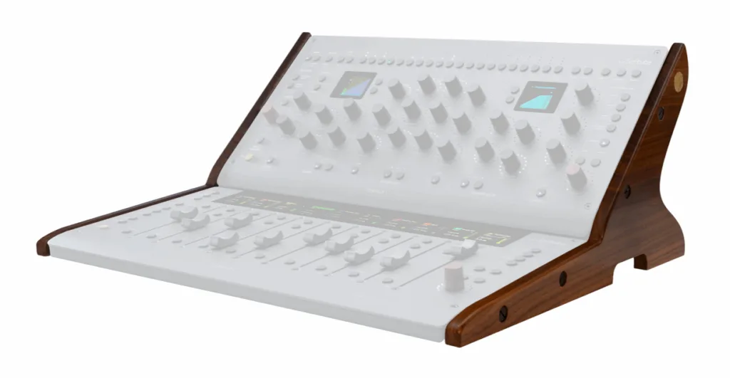 Console 1 Fader MKIII control surface with wooden side panels, angled white faceplate, dual screens and fader section visible