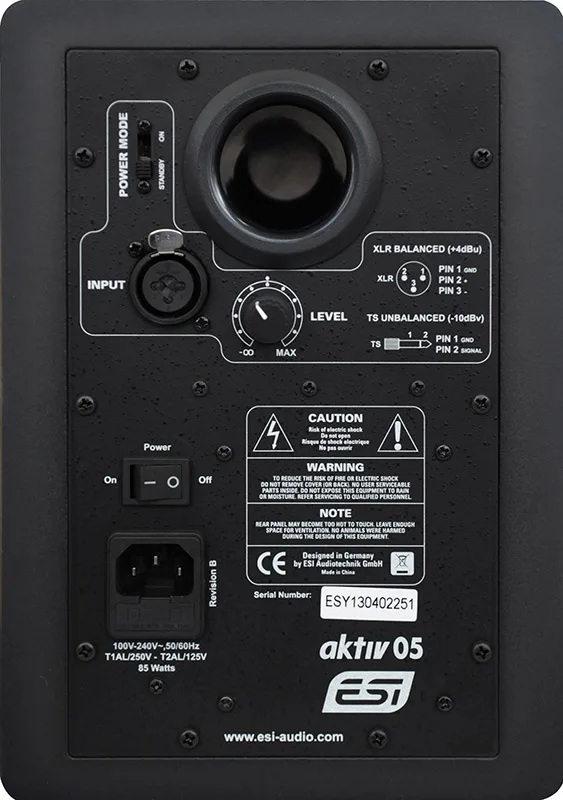 ESI aktiv 05 studio monitor rear panel showing XLR input, level control, power switch, and balanced/unbalanced connector options