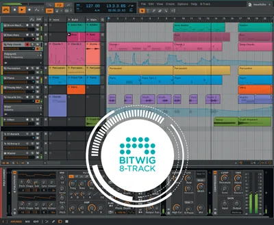 Nektar Impact GX Mini keyboard controller displayed over DAW production interface with colorful tracks visible