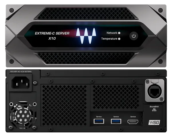 Front and rear views of Waves Extreme-C Server X10 with illuminated display panel and rear connectivity ports