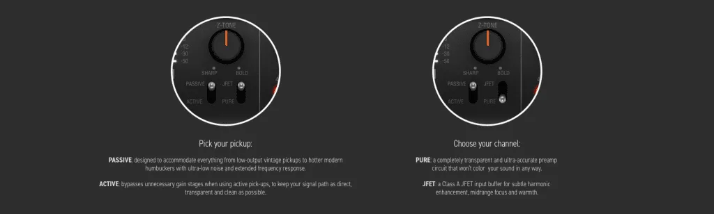 Two circular interface dials with selector switches shown against dark background, demonstrating pickup and channel options.