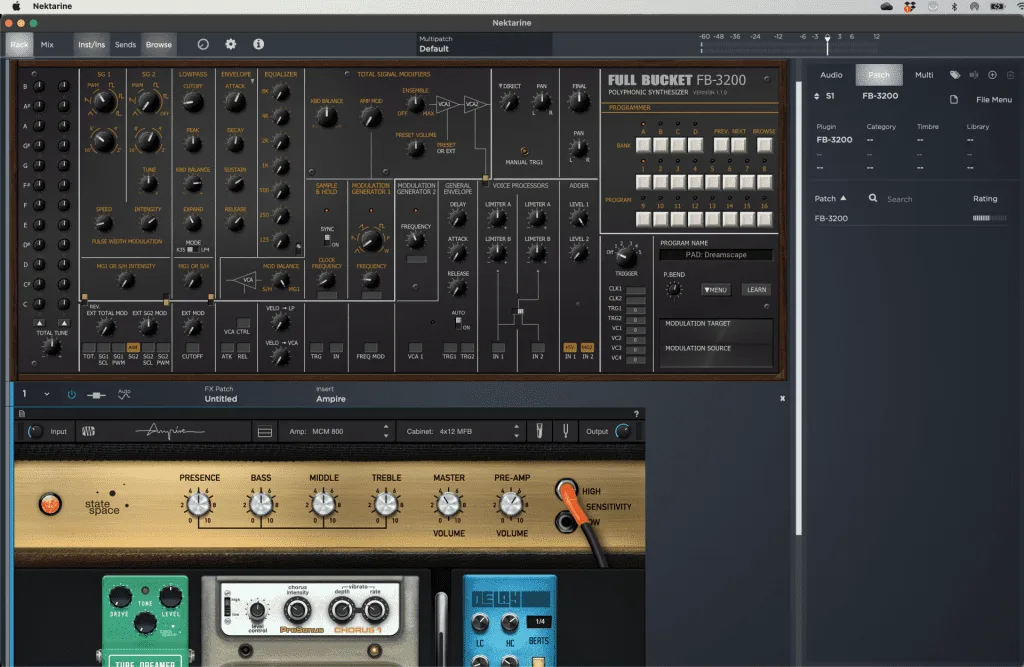 Nektar Aruba keyboard controller displayed in DAW with Full Bucket FB-3200 synth plugin and vintage-style amp sim plugins below