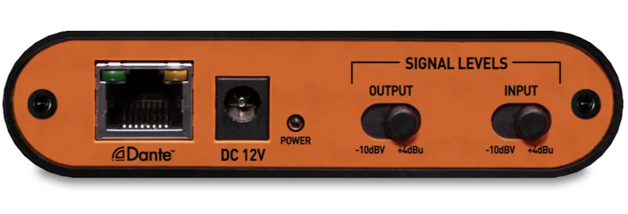 Audinate Dante audio interface with orange faceplate, Ethernet port, DC 12V connector, and input/output level controls