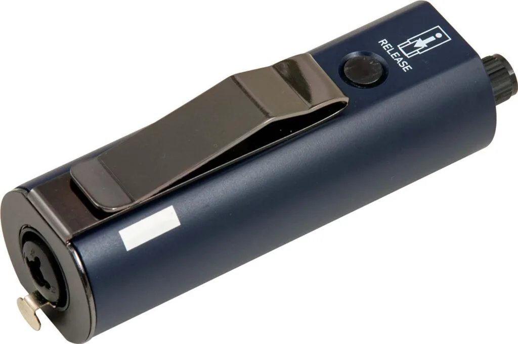 ART HP-1 personal monitor headphone amplifier shown at angle, dark blue cylindrical body with chrome headphone jack connector and control knob