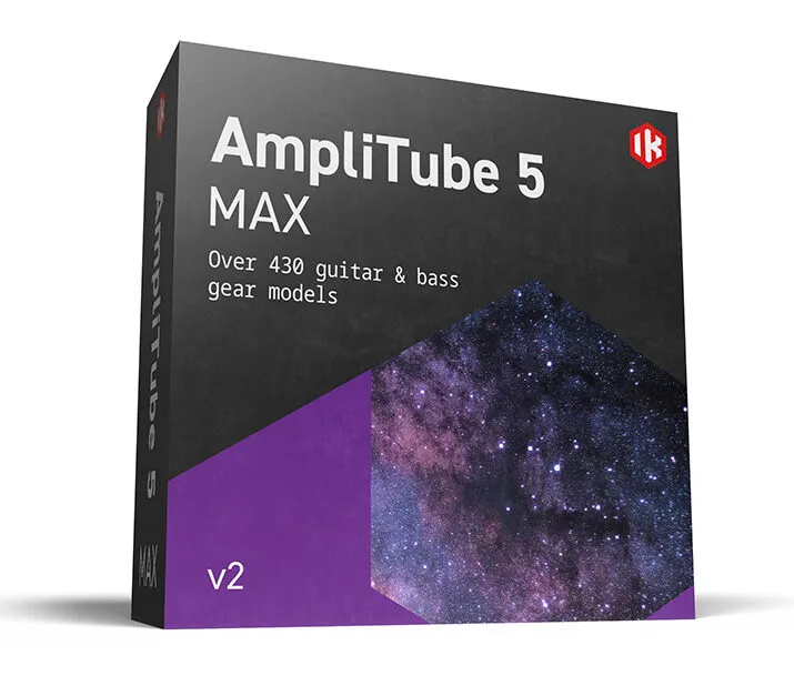 IK Multimedia AmpliTube 5 MAX software box angled view, purple and galaxy design, v2 version