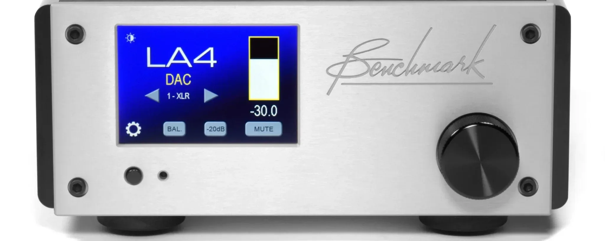 Benchmark LA4 silver desktop DAC with blue display showing -30.0dB level and large volume knob on right
