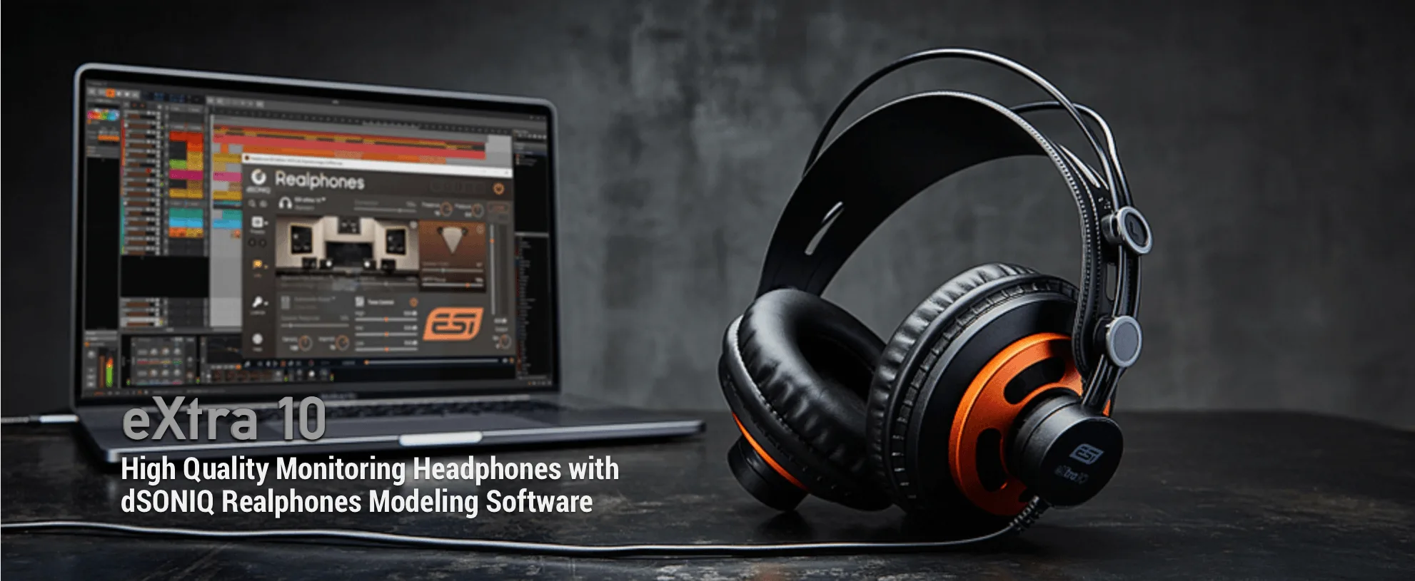 ESI eXtra 10 black and orange headphones with laptop displaying dSONIQ Realphones modeling software