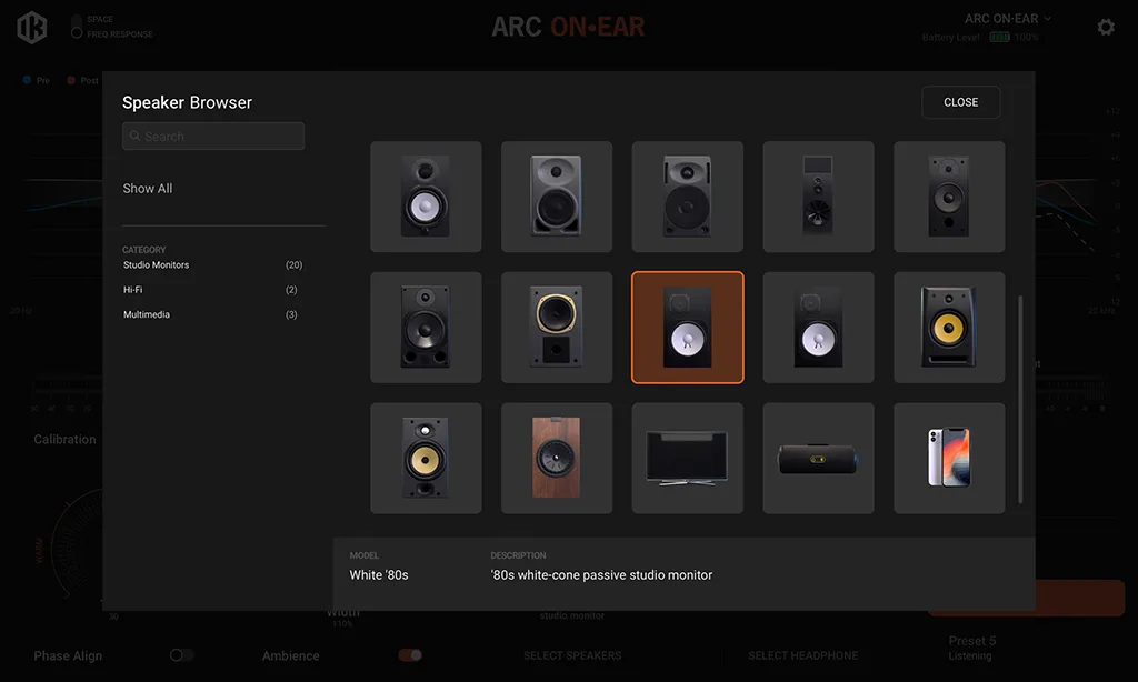 Speaker Browser modal showing grid of studio monitors and speakers; White '80s model highlighted with orange border, white-cone passive studio