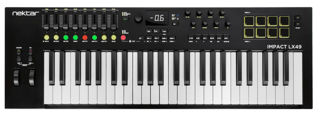 Nektar Impact LX49 mk3 49-key MIDI keyboard controller with 8 faders, 16 RGB pads, and pitch/mod wheels, photographed from above against black