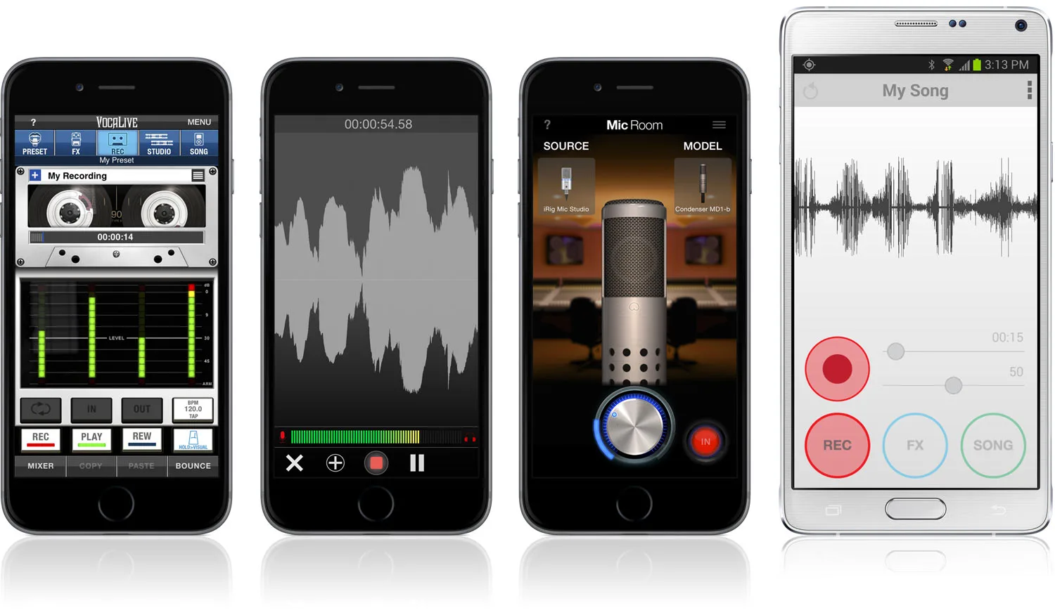 iRig Mic Studio condenser microphone with blue LED ring and red input button, shown alongside recording app interfaces on iOS and Android devices