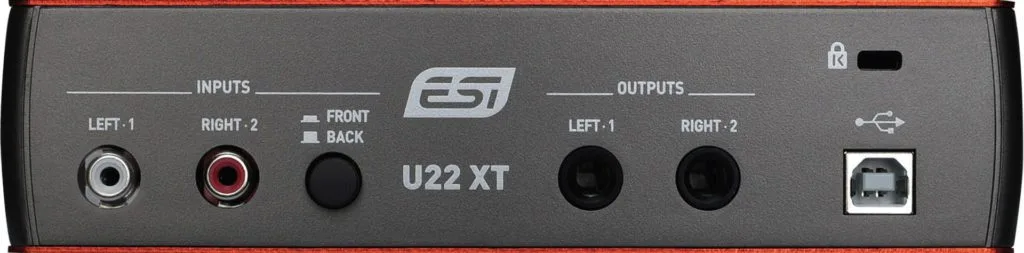 ESI U22 XT audio interface front panel showing stereo inputs, outputs, and USB connection on dark gray background