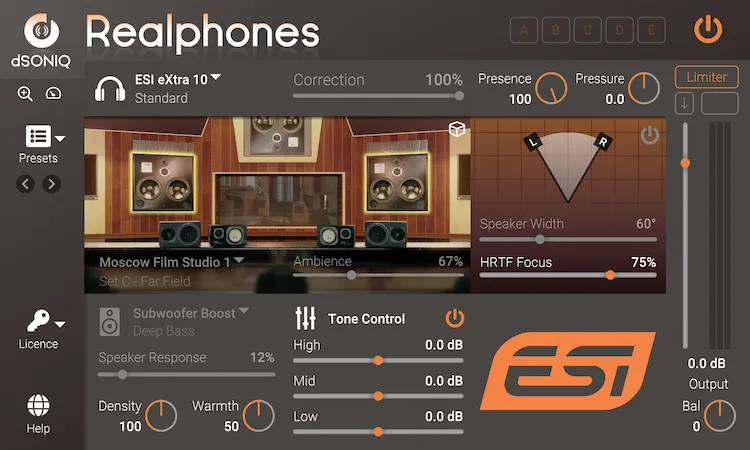 dSONIQ Realphones ESI eXtra 10 interface showing virtual studio room with tone control sliders and acoustic parameters