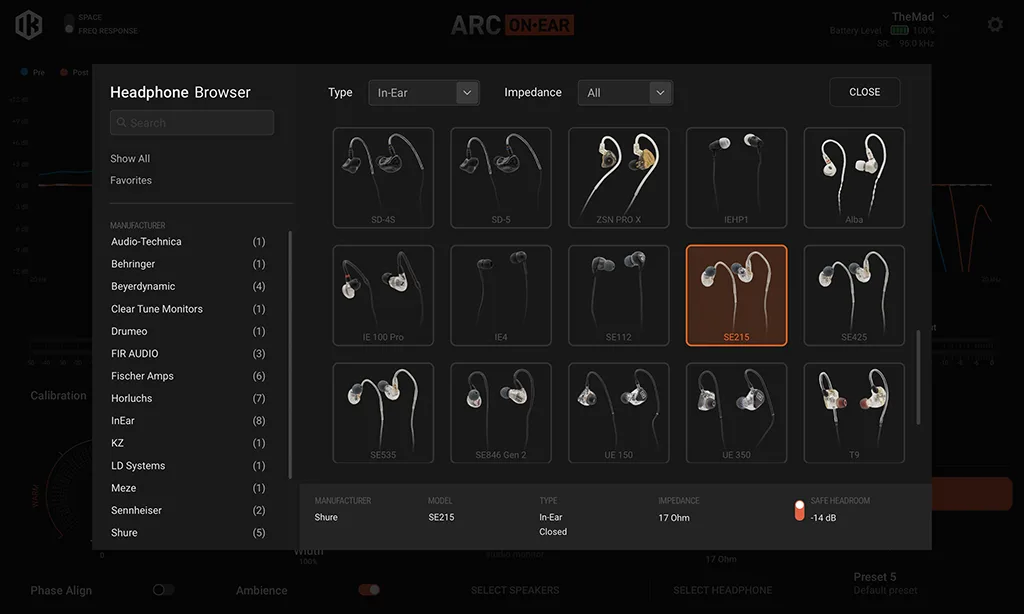 Shure SE215 in-ear monitor selected in headphone browser showing brown cable design against dark interface