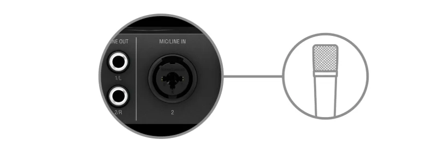 AXE I/O Solo interface showing black circular design with mic input jack, line out ports, and detachable microphone closeup.