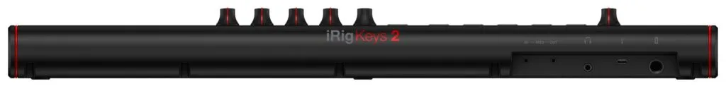 IK Multimedia iRig Keys 2 Pro keyboard controller, top-down view showing black chassis with red accents and velocity-sensitive keys