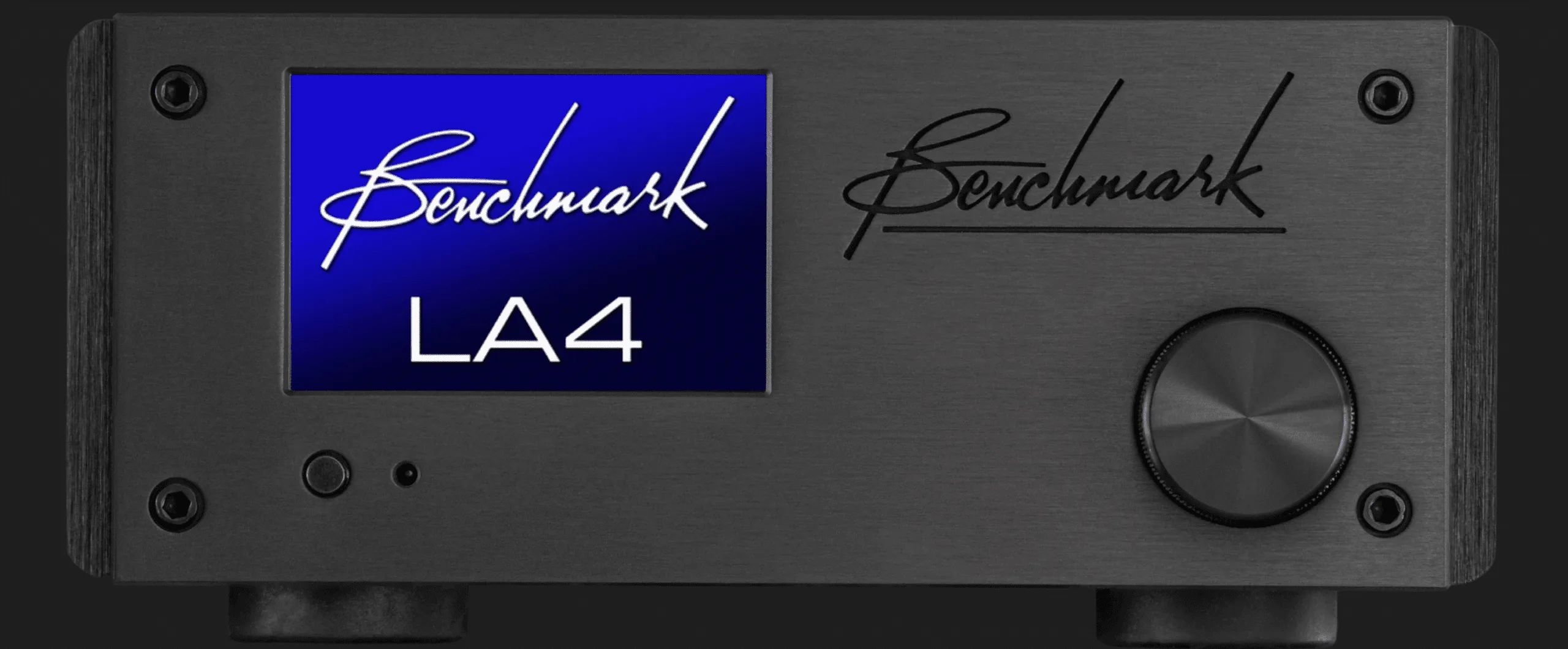 Benchmark LA4 integrated amplifier, black brushed aluminum front panel with blue display showing model name and large rotary volume knob on right side