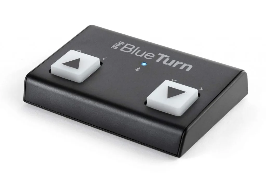 iRig BlueTurn wireless page turner with two white buttons on black body, angled view on white background