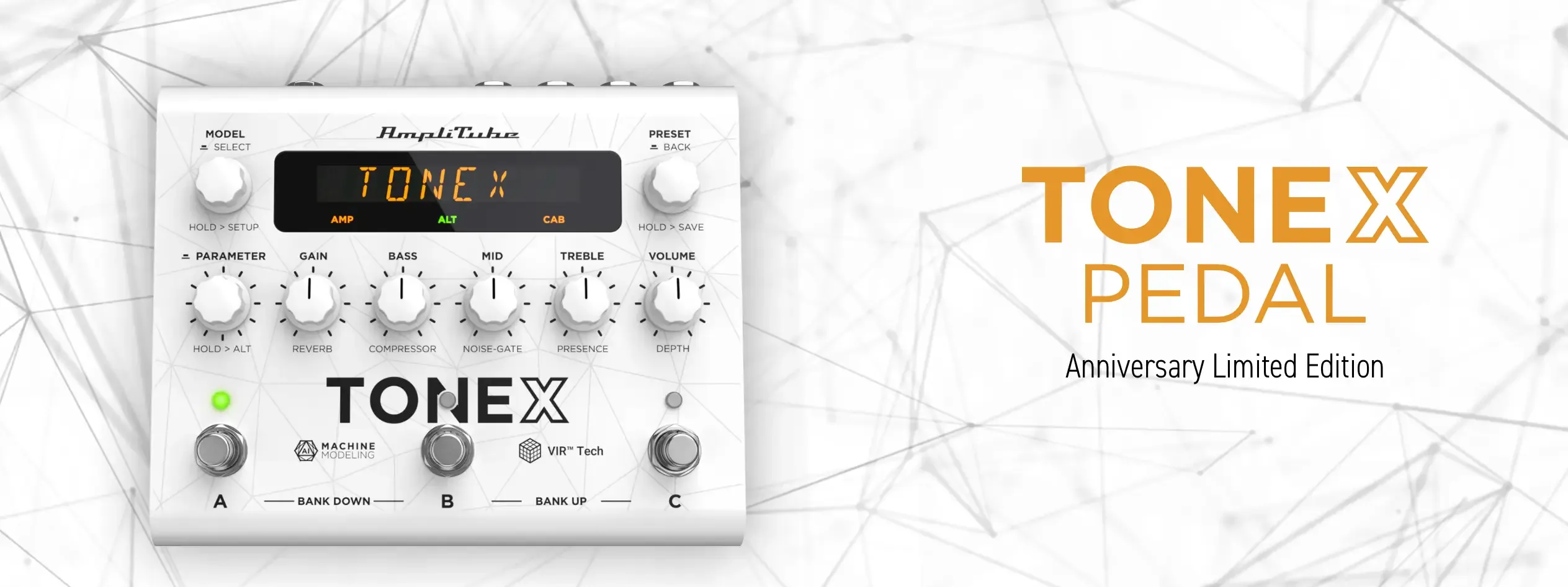 IK Multimedia TONEX Anniversary Limited Edition white guitar effects pedal with display screen, six knobs, and three footswitches, angled view