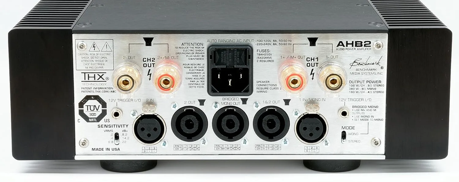 Benchmark AHB2 silver audio power amplifier rear panel showing XLR inputs, RCA outputs, and dual channels with specifications