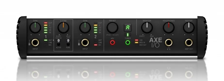 IK Multimedia AXE I/O audio interface front panel showing two input channels, knobs, LED indicators, and I/O connections on white background